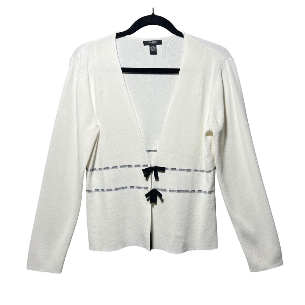 Alfani Petite White Knit Cardigan‎ Black Bow Accent Hook Front Size PM P/M